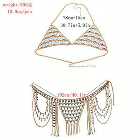 Holographic, Festival, Party, Rave, Club Bikini Bra & Chain Skirt Outfit Set - Picture 3 of 3